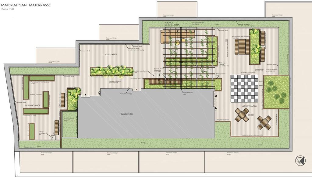 Nedenfor vises en illustrasjon av takplanen for bygget. Takplanet er ment som et oppholdsområde for eiendommen, men plassen blir også utnyttet med sedum og grøntområder.