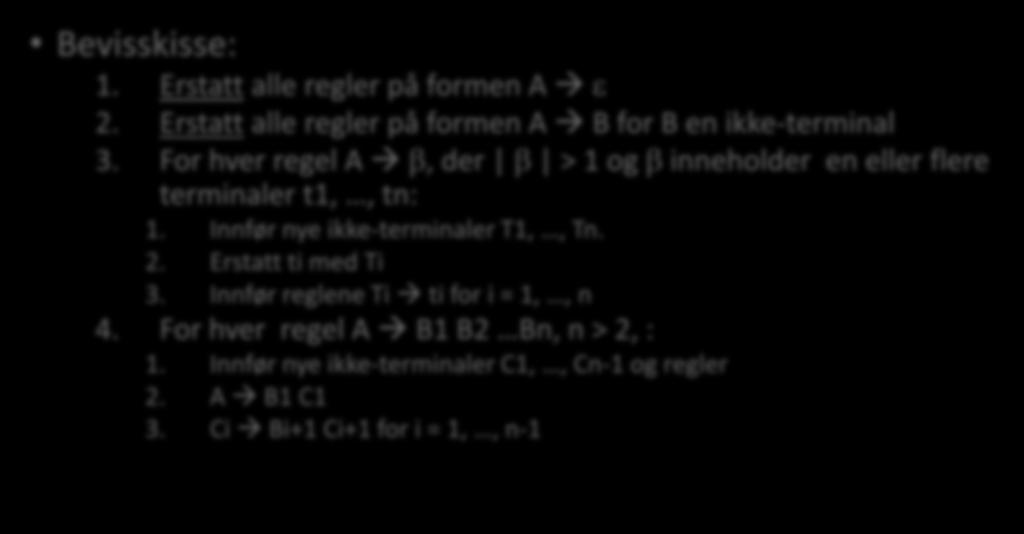 Chomsky-normalform (CNF) Enhver CFG G hvor ε L(G) er svakt ekvivalent til en G på CNF Bevisskisse: 1. Erstatt alle regler på formen A ε 2. Erstatt alle regler på formen A B for B en ikke-terminal 3.