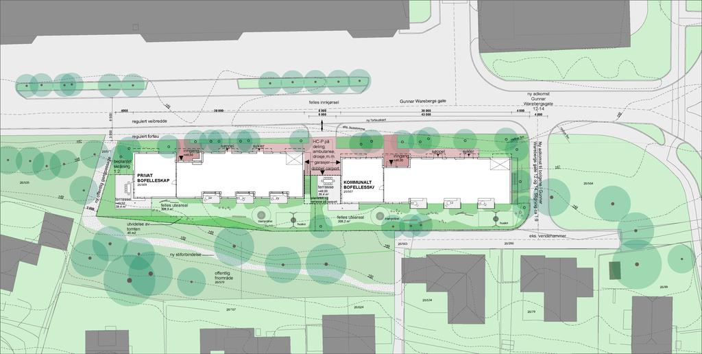 Her legges boligenes hovedinnganger, sykkelparkering, garasjer og renovasjon i sokkel ut mot gaten.