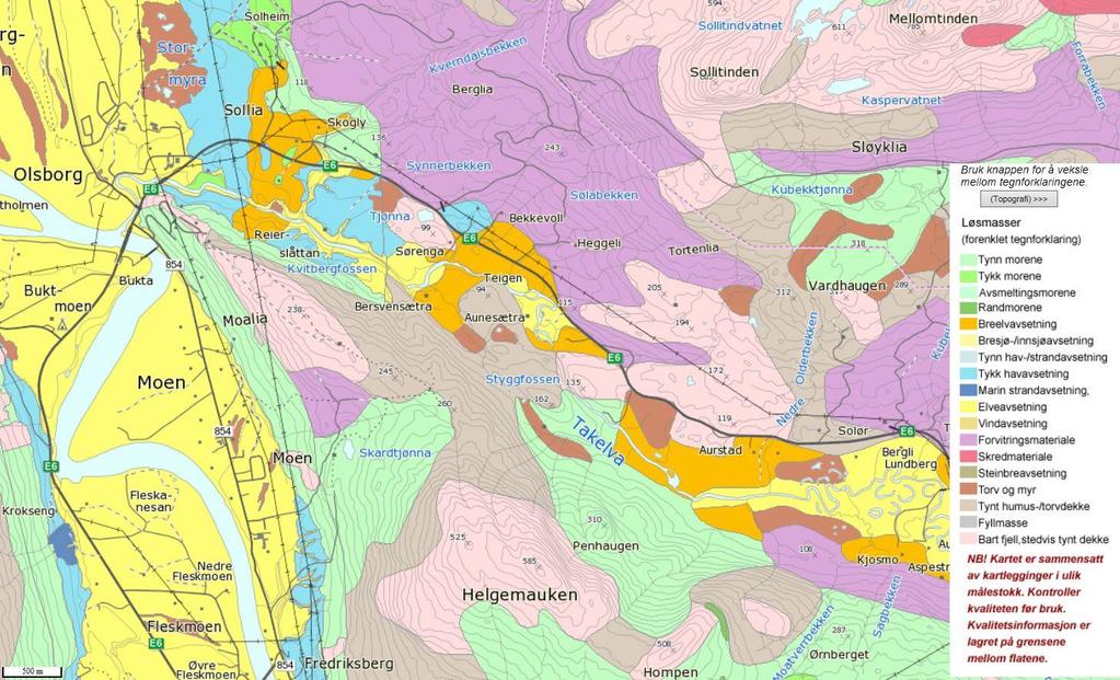 Breelvavsetninger Torv og myr Forvitringsmateriale Humusdekke/tynt torvdekke over berggrunn Stedvis er det bart fjell Det er ikke gjort nærmere undersøkelser av løsmasser i forbindelse med denne