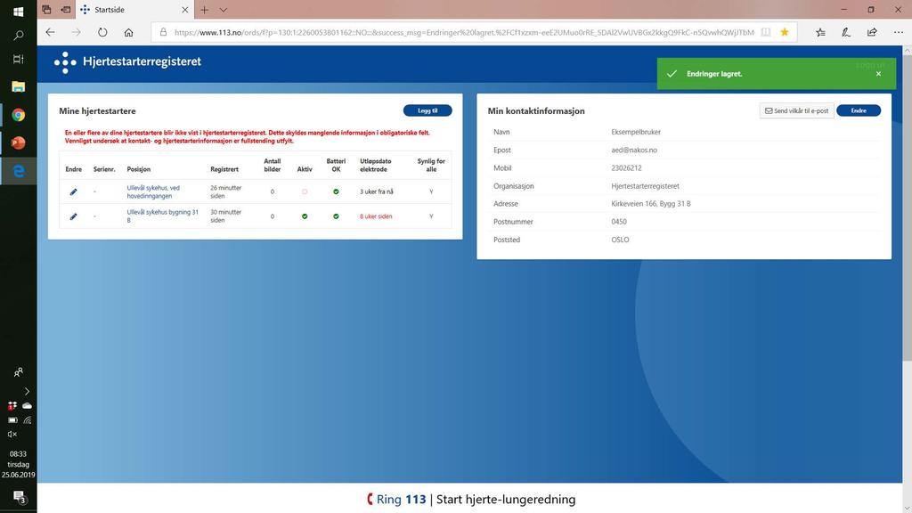 Min side Klikk her for å redigere hjertestarterinfo Klikk her for å registrere ny