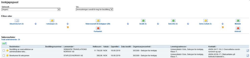 Siden du er innkjøper og har rettigheter til Innkjøpsverktøy vil bildet Innkjøpspool åpne seg. b. Finn anmodningen du registrerte i oppgave 2 og åpne denne ved hjelp av ikonet c.