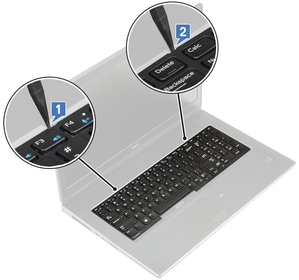 d) Løft tastaturrammen fra systemet. e) Fjern de 5 (M2.0x2.