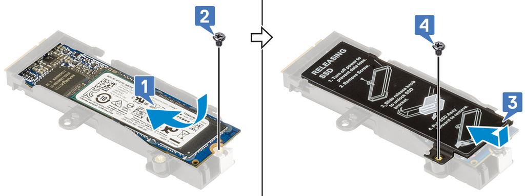 Sette inn M.2 SSD-modulen 1. Slik setter du inn M.2 SSD-modulen (spor 4): a) Sett M.2 SSD inn i sporet på SSD-holderen [1]. b) Fest (M2.0x3.0)-skruen som fester M.2 SSD til SSD-holderen [2].