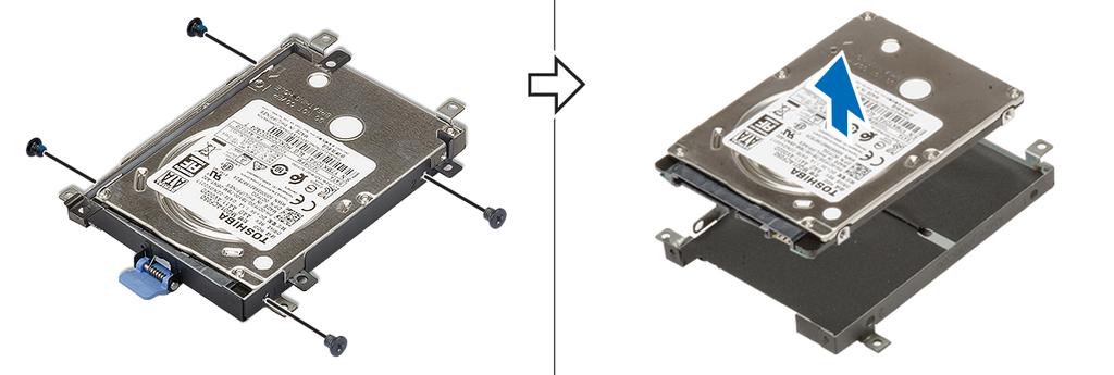 e) Fjern (M3.0x3.0)-skruene som fester harddiskenheten til harddiskbraketten. f) Ta ut harddisken fra harddiskbraketten. Montere harddiskenheten 1.