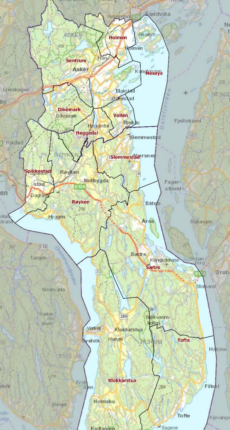 Lokalområder Asker kommune er inndelt i 12 geografiske statistikkområder. Figur 5 Lokalområdene i Asker. Områdene er basert på senterstrukturen i intensjonsavtalen for kommunereformen.