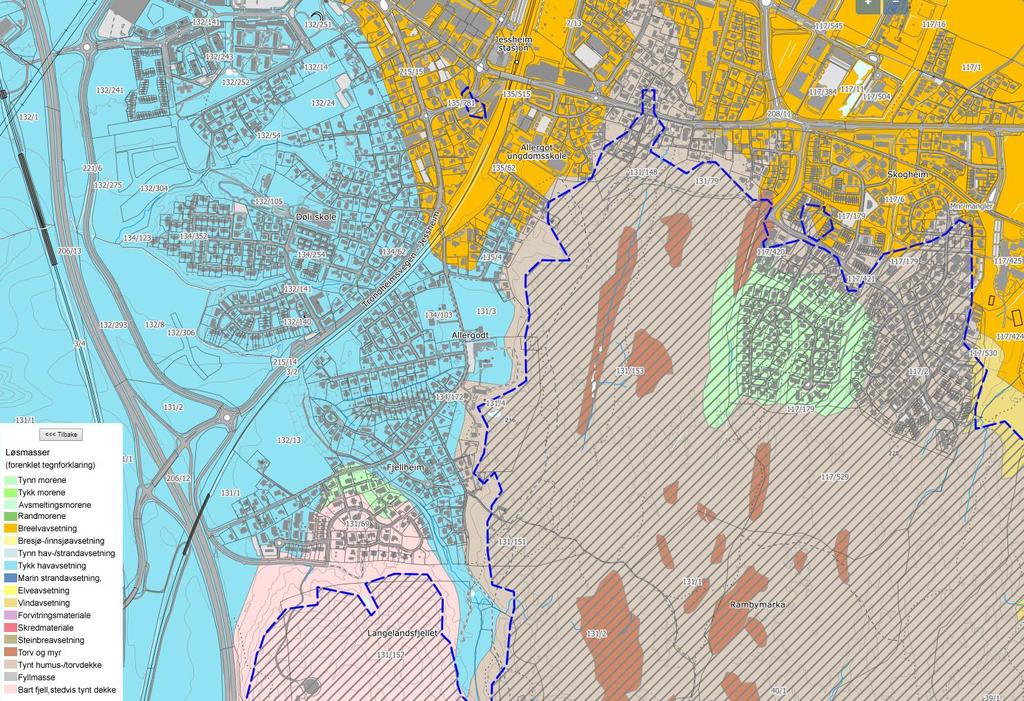 N Figur 2: Løsmassekart (www.ngu.no). Vegstrekningen er vist med rød linje. Området med grå skråskravur ligger over marin grense.