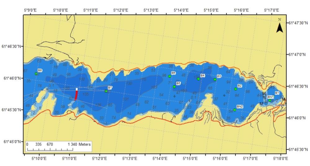 Figur 4-5 Sediment- og bunnfaunastasjoner i Nordgulen 2014. Stasjon B1 B8 tilhører Elkem Bremangers overvåkingsprogram, men BN1 og BN2 tilhører foreliggende undersøkelse.