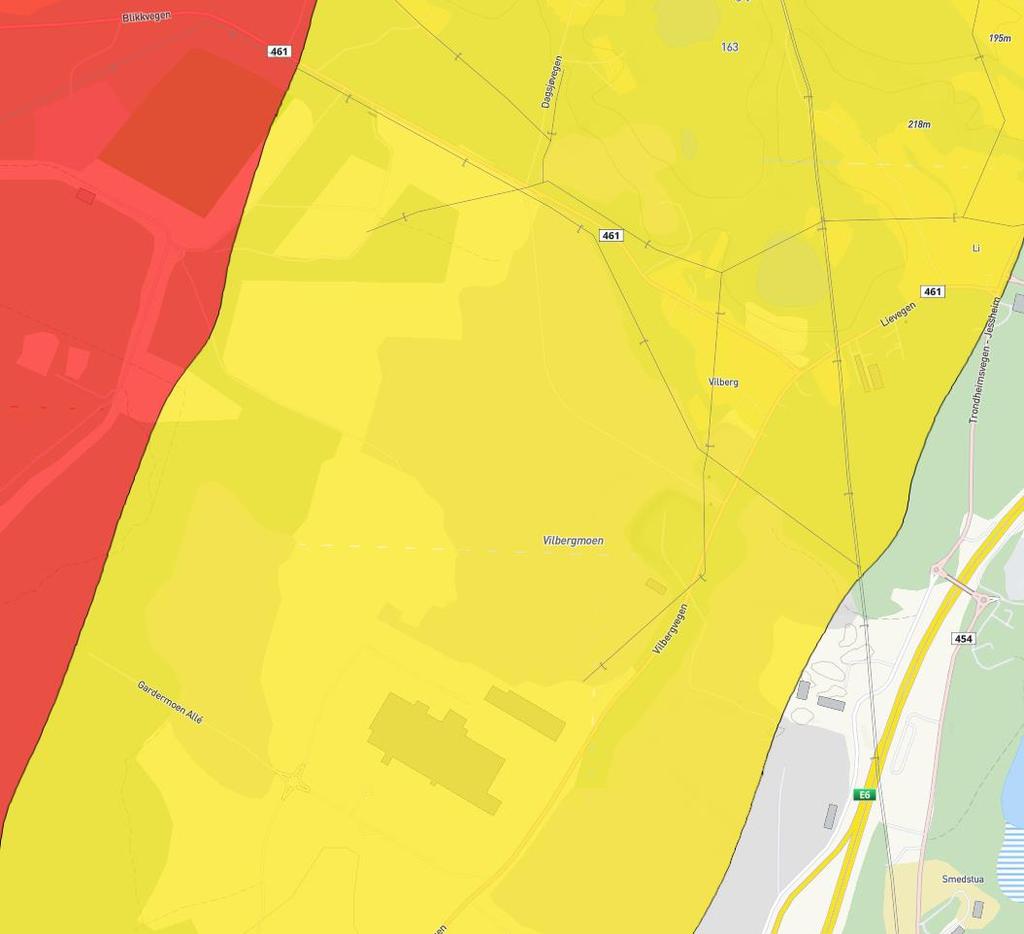 Flystøy Hele planområdet berøres av gul sone som tilsvarer flystøy opp mot 52 dba.