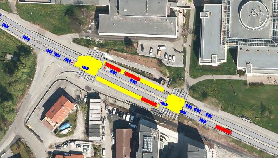 Side 21 av 24 Figur 29 - Stillbildet er hentet ut fra simulering med busslommer rundt klokken 15:58. De små blå punktene i de store gule feltene er fotgjengere.