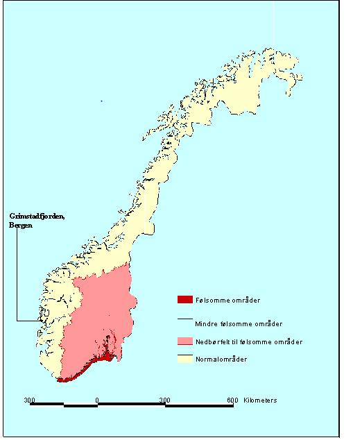 Områdeinndeling og rensekrav Følsomt område kyststrekningen Svenskegrensen Lindesnes med tilhørende nedbørsfelt + Grimstadfjordområdet Normalt område