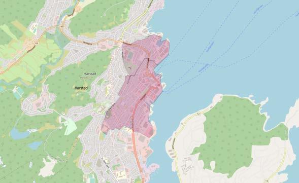 Figur 5-85 Definert sentrumssone Harstad Kilde: OpenStreetMap QGIS Figur 5-86 Omsetning av varer og tjenesteyting i og