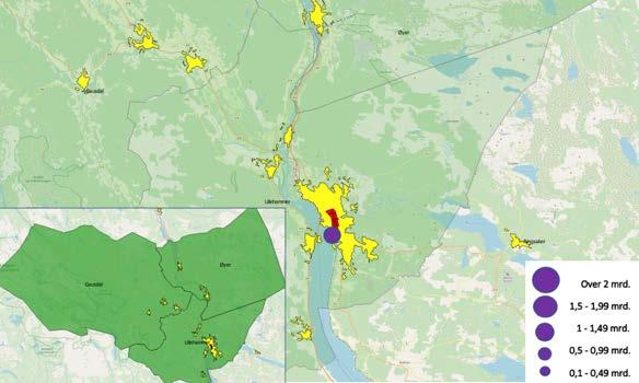 Figur 5-95 Kjøpesenteromsetning i Lillehammer BA-region. Sentre eller grupper av sentre over 0,25 mrd. kroner. Inkl. mva. 2017.