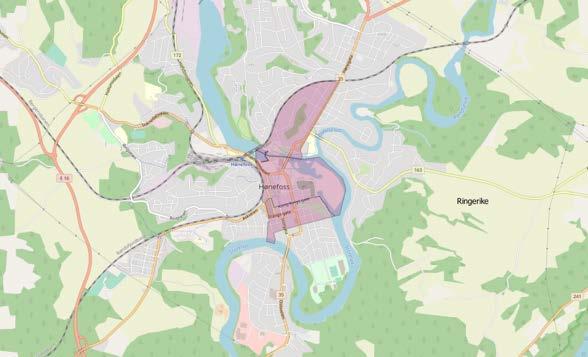 Figur 5-115 Definert sentrumssone Hønefoss Kilde: OpenStreetMap QGIS Figur 5-116 Omsetning av varer og tjenesteyting i og utenfor