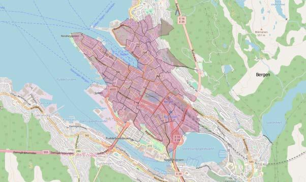 Figur 5-3 Definert sentrumssone Bergen Kilde OpenStreetMap QGIS Figur 5-4 Omsetning av varer og tjenesteyting i og utenfor