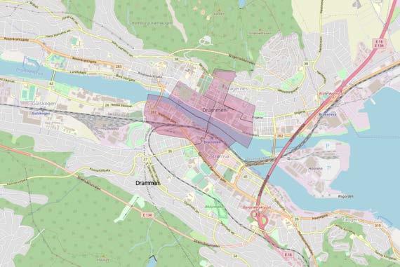 Figur 5-17 Definert sentrumssone Drammen Kilde: OpenStreetMap QGIS Figur 5-18 Omsetning av varer og tjenesteyting i og