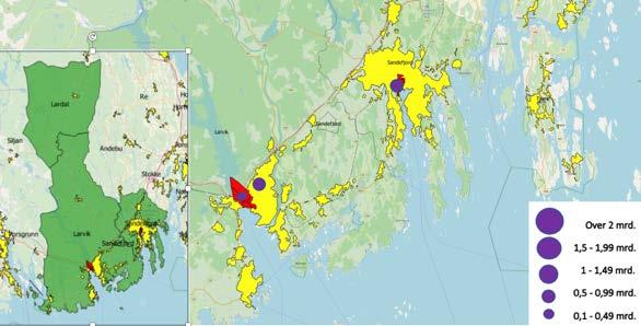 Figur 5-51 Kjøpesenteromsetning i Sandefjord Larvik BA-region. Sentre eller grupper av sentre over 0,25 mrd. kroner. Inkl. mva. 2017.
