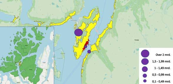 Figur 5-63 Kjøpesenteromsetning i Tromsø BA-region. Sentre eller grupper av sentre over 0,25 mrd. kroner. Inkl. mva. 2017.