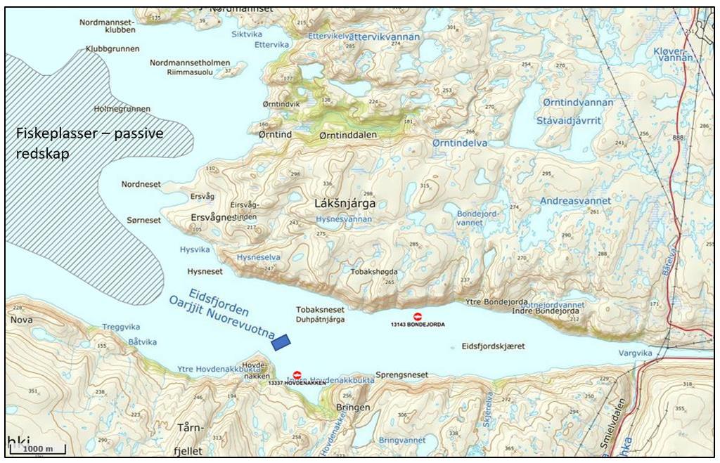 Kartlegging og virkninger mot fiskeri Omsøkt tiltak har god avstand til fiskeplasser (Figur 3). SalMar Nord registrer overlapp med gytefelt for torsk.