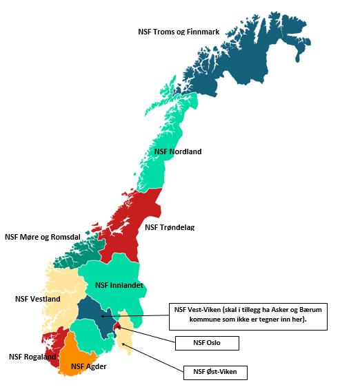 Bilde 2: Inndeling av fylker i Fylkesmodell med delt Viken (bildet viser ikke at kommunene Jevnaker og Lunner som i dag tilhører Oppland blir en del av henholdsvis Vest-Viken og Øst-Viken 1.