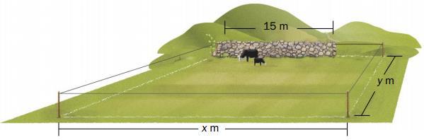 Oppgåve 3 (6 poeng) Ein bonde skal gjerde inn eit rektangelforma område med areal 65 m. Ho skal bruke ein 15 m lang steinmur som ein del av det inngjerda området.