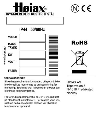 Ventiler og elektrisk utstyr garanteres i 2 år. Garantien gjelder kun når tanken er forskriftsmessig installert av autorisert rørlegger og hvis tanken er fylt med vann før strømmen blir koblet til.