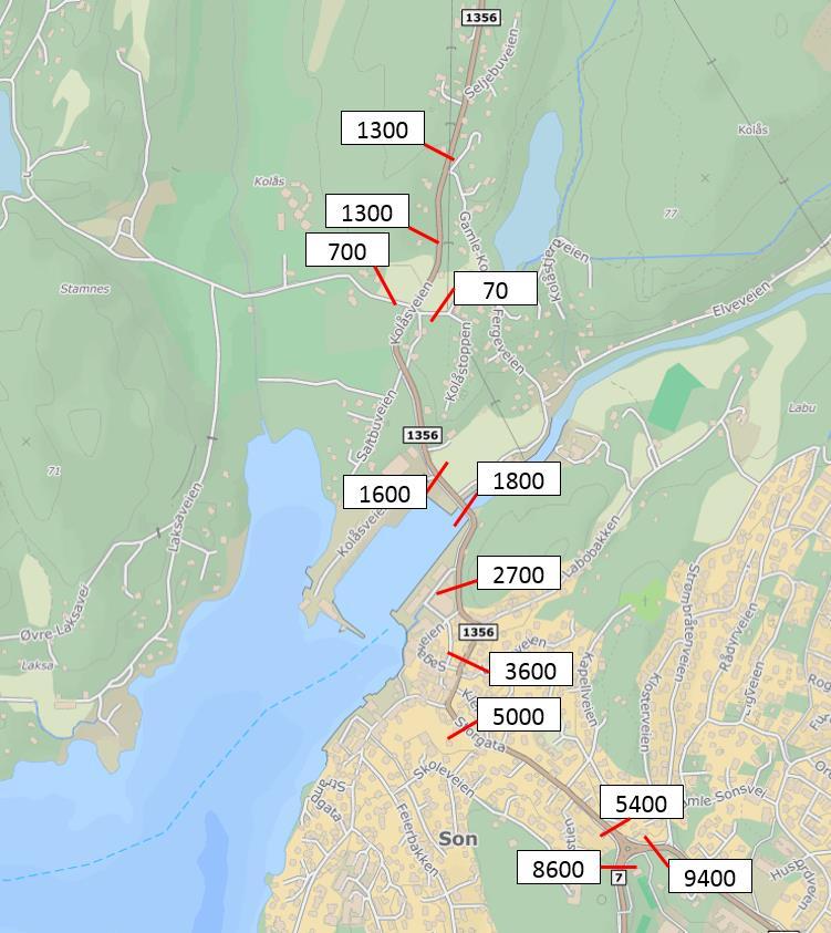 I Rambølls trafikkanalyse er det også beregnet sommerdøgntrafikk (SDT). Denne er vist i figur 4.