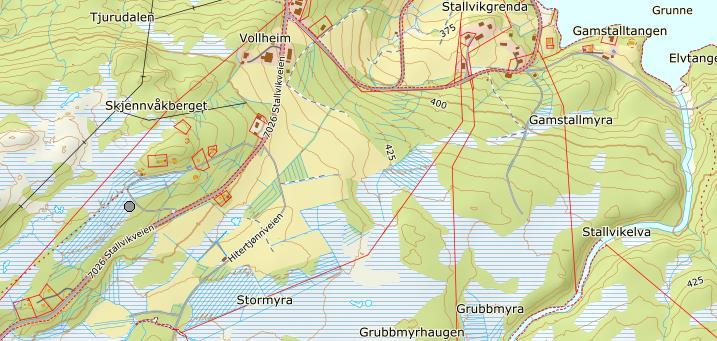 Kartutsnittet viser det foreslåtte området for spredt bebyggelse i Stallvika med lysegrønn farge.
