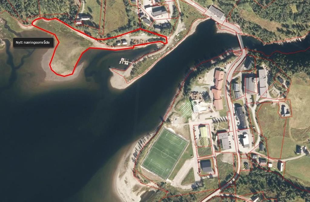 Konsekvensutredning friluftsområde til næring ved småbåthavna: Området utgjør ca. 19 daa og omfatter deler eiendommen 71/1 tilhørende Leif Jarl Rørvik.