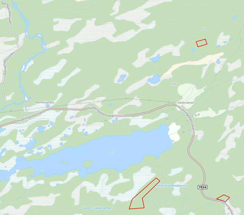 Konsekvensutredning 3 grustak Vallervatnet: Omfatter tre grustak på begge sider av fv. 7024 ved Vallervatnet innerst i Hudningsdalen.