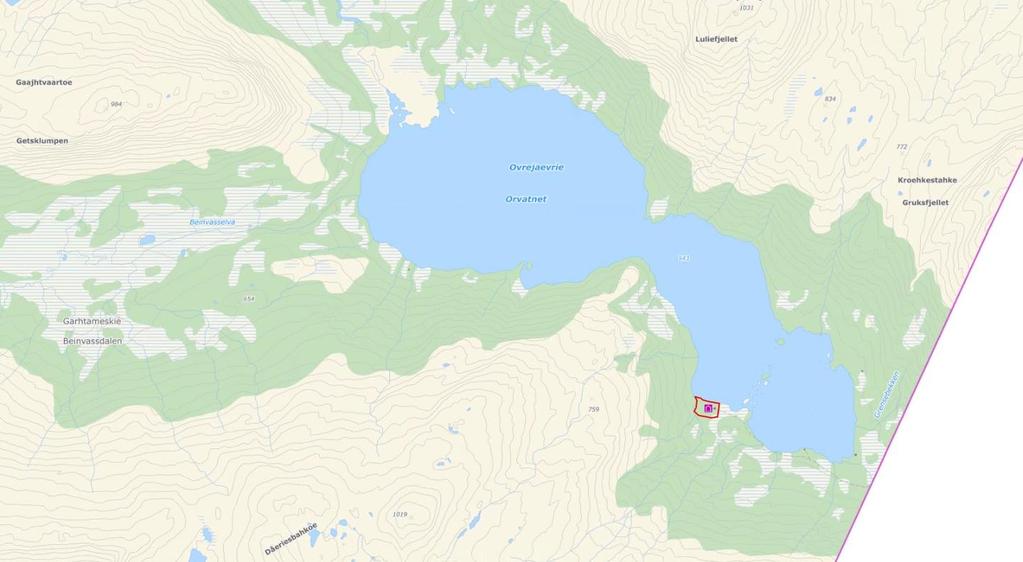 Konsekvensutredning nytt hyttefelt/utleiehytter Orvatnet i Børgefjell nasjonalpark: Kartutsnittet viser det foreslåtte området ved Orvatnet i Børgefjell nasjonalpark Omdisponeringen omfatter deler av
