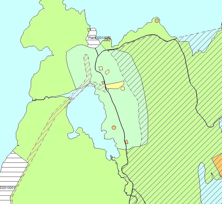 Kartutsnittet viser LNFR-område for spredt bebyggelse ved Namsvatnet med lysegrønnfarge midt i kartet.