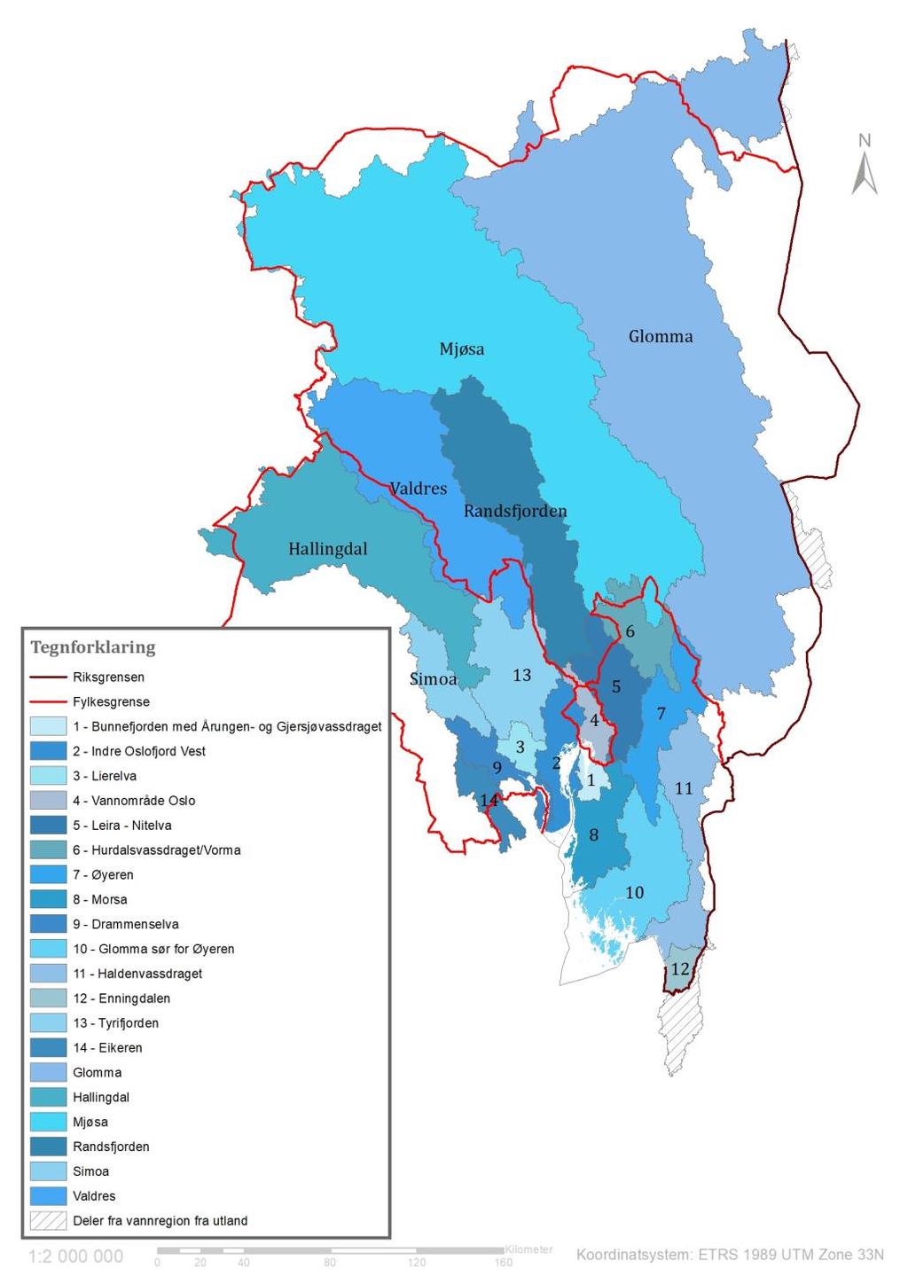 Figur 4. Oversikt over ny vannregion Øst f.o.m 2020 med tilhørende vannområder og nye fylkesgrenser. Kilde Vann-Nett 15.1.2019. 5.