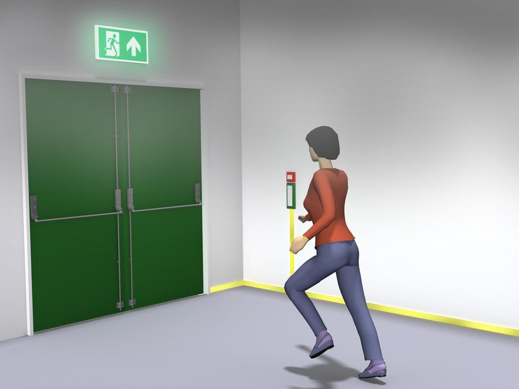 11-12 Figur 2: Markeringsskilt plasseres over alle utganger til og i rømningsvei. 11-12 Figur 3: Lavt monterte ledelinjer er egnet i rom med røyk.