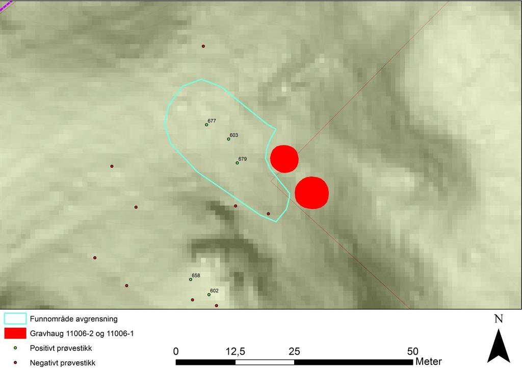 6.1.3 11006-4 Funnområde, steinalder På flate som og nordvest for gravhaug ID 11006-2 ble det påvist slått flint i tre.