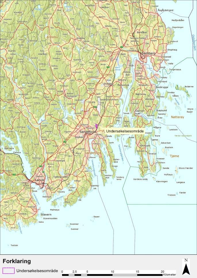 4 Områdebeskrivelse Undersøkelsesområdet ligger i Sandefjord kommune ca. tre kilometer sør for Sandefjord lufthavn Torp, og to og en halv kilometer nordvest for Sandefjord sentrum. Figur 1.