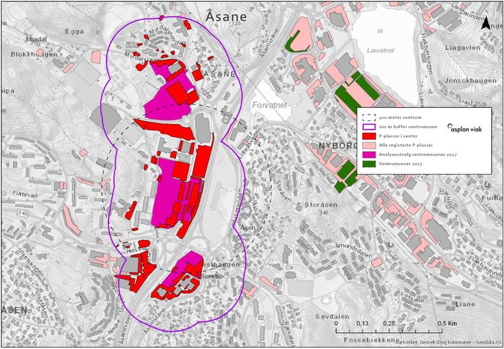 2. ÅSANE 2.1. Arealbeslag I Åsane beslaglegger parkeringsplasser drøyt 20% av det som betegnes «bebygd areal», og dekker et areal på ca. 100 dekar.