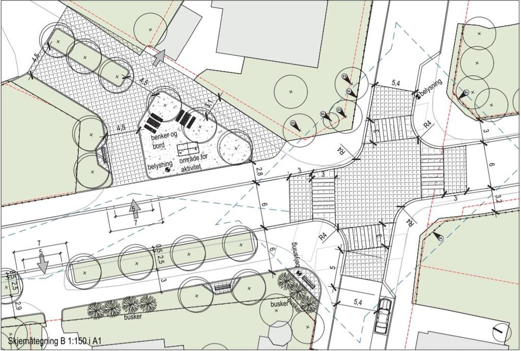 Planforslaget legger opp til bredere fortau og oppstramming av alle veikryss og avkjørsler. I tillegg tilrettelegger planen for etablering av et nytt byrom i krysset ved Fridtjof Anderssens vei.