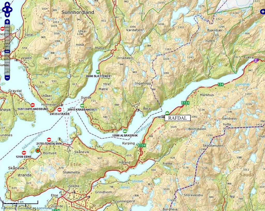 OMRÅDE- OG LOKALITETSSKILDRING Granskinga er utført på lokaliteten Rafdal i Etne kommune. Lokaliteten ligg ca. 15 km inne i Åkrafjorden, som er ein ca. 30 km lang og ca.
