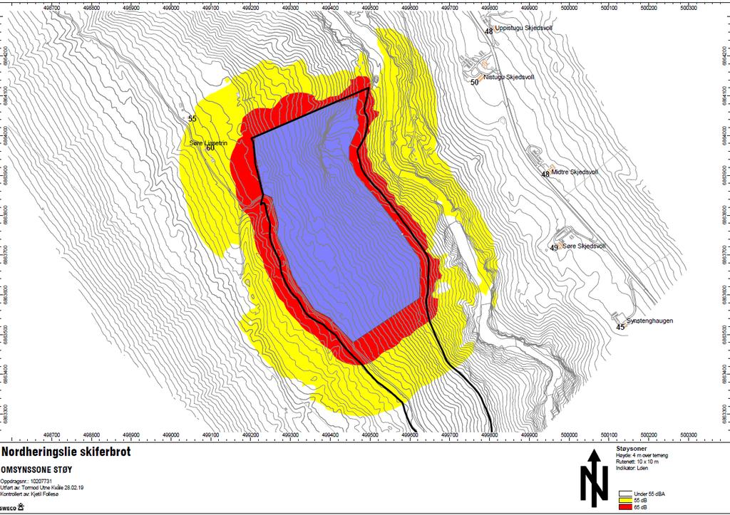 Nordplan side 31 Detaljreguleringsplan for skiferbrot i Nordheringslie, Gnr 69 Bnr 3 m. fl. Figur 25. Aktuelle støynivået som kjem av tiltaka i planen, vist som hhv. raud og gul sone, jf. T- 1442.