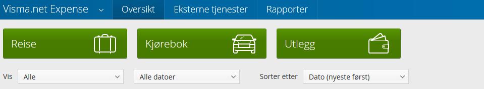 REISE, KJØRBOK OG UTLEGG Etter innlogging møter du dette bildet: Her er det tre valg. 1. Fane «REISE» - Gjelder bare for en enkelt reise med overnatting. Dette er det få som vil bruke.