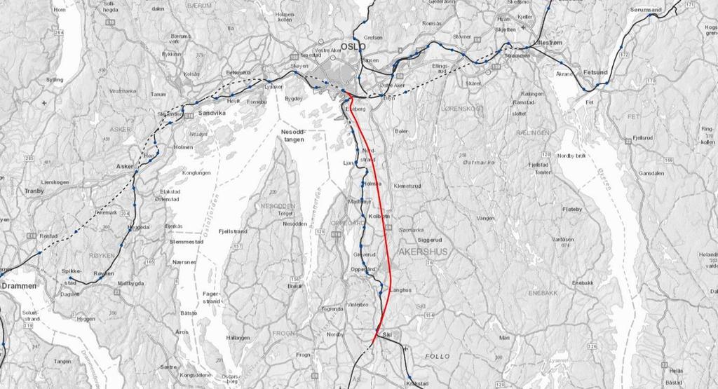 3 FOLLOBANEN Follobanen er en ny dobbeltsporet jernbanestrekning uten stoppesteder underveis mellom Oslo S og Ski stasjon.