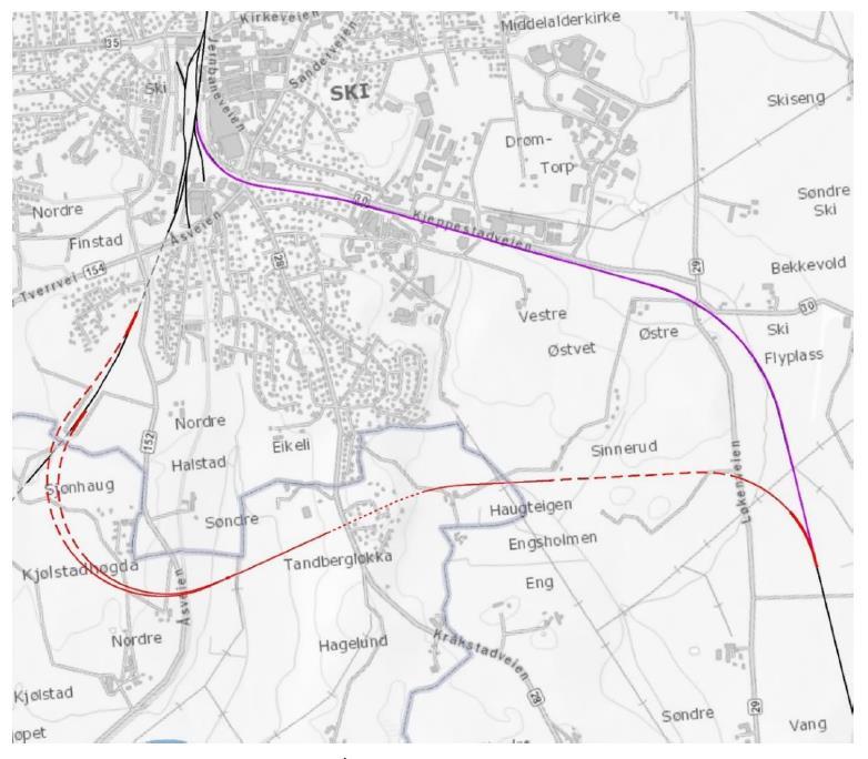 Figur 6 Skisse for planskilt avgrening sør for Ski stasjon. Rød linje viser mulig ny trasé for Østre linje. Endelig valg gjøres i en senere planfase.