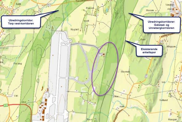 Utsiling av Vestre Stavnum Bane NOR anbefaler Torp vest-korridoren for nytt dobbeltspor mellom Stokke og Sandefjord Torp vest-korridoren går vest for flyplassen.