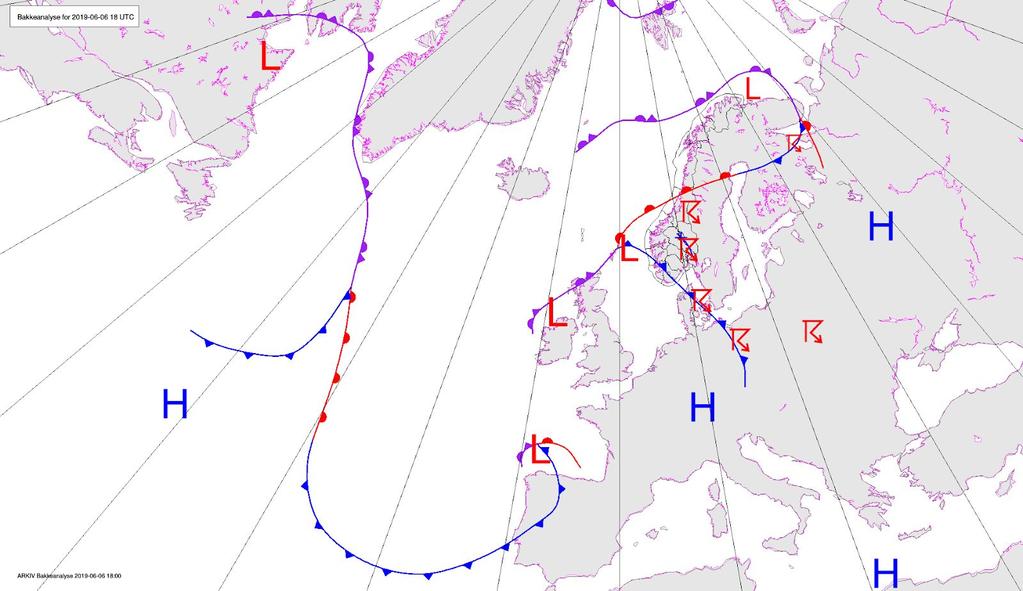 Utover torsdag kveld: De kraftigste tordenbygene har passert det sørlige Østlandet og lå nå over Hedmark og Oppland. Kaldfronten lå nå over Sørlandet og beveget seg nordover (Figur 10).