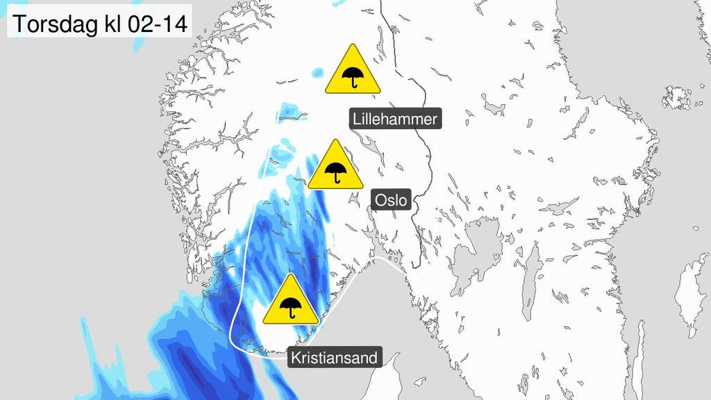 Gult nivå (Severity: Moderate Certainty: Likely) Konsekvenser: Det er fare for overvann i tettbygde områder, lokale oversvømmelser, bekke- og elveløpsendringer, jord- og flomskred der regnbygene