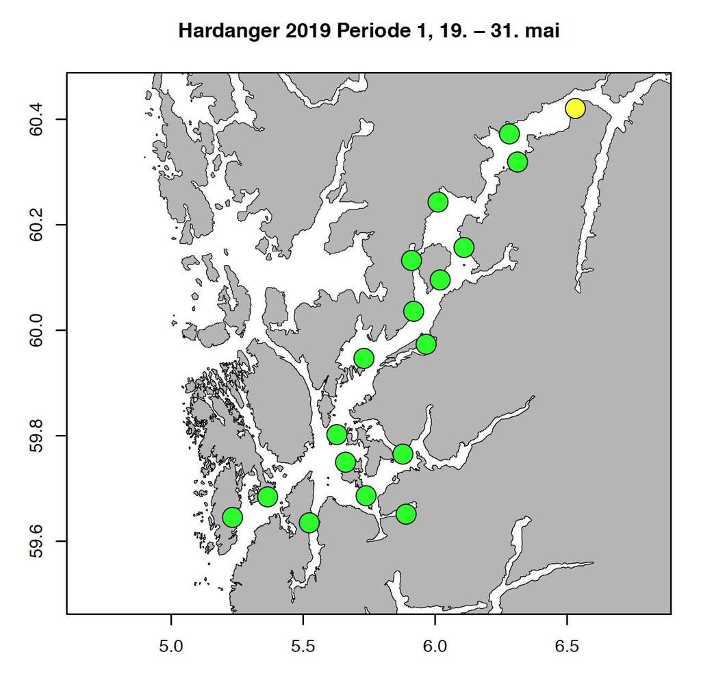4.3.4 - Vaktbur Det ble plassert ut 18 vaktbur i hele Hardangerfjordsystemet i 2019. I burene ble det satt ut fisk i to perioder på inntil 14 dager.