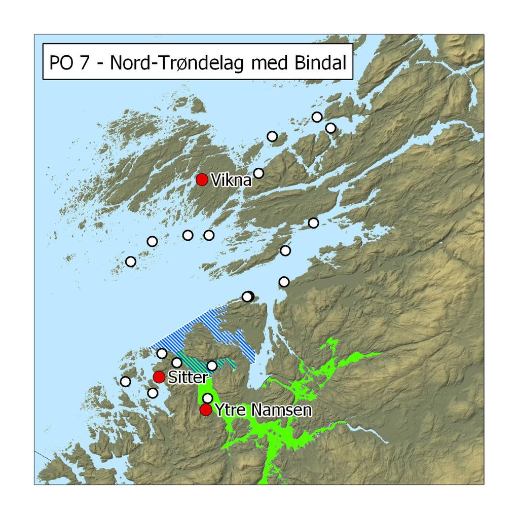 Figur 35 Områder for overvåking i produksjonsområde 7. Røde sirkler angir posisjoner for undersøkelser med ruser og garn og hvite sirkler angir posisjoner for vaktbur.