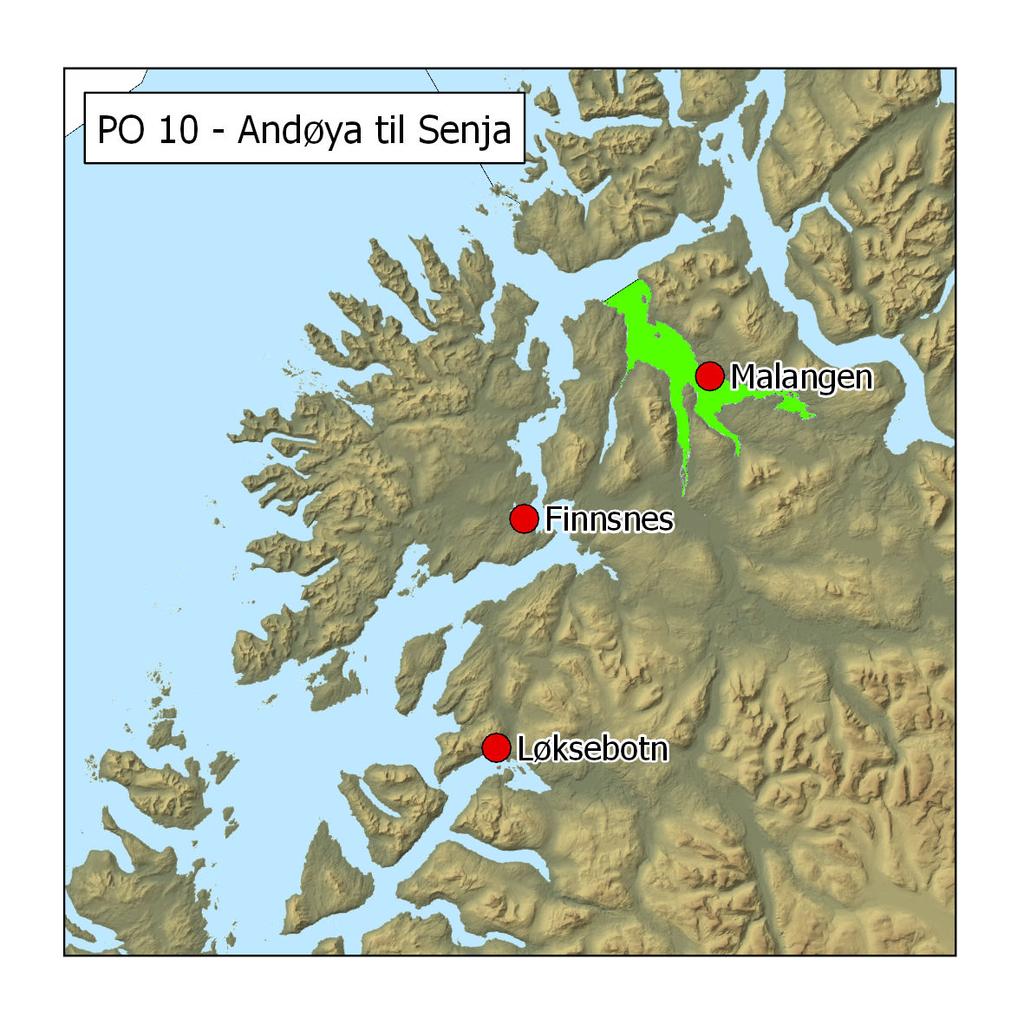 Figur 46. Områder for overvåking i produksjonsområde 10. Røde sirkler angir posisjoner for undersøkelser med ruser og garn. Grønt områder viser nasjonal laksefjord. 4.10.2 - Ruse og garn Malangen ble valgt som fast stasjon for overvåking av lakselus på sjøørret/sjørøye i PO 10 i 2019.