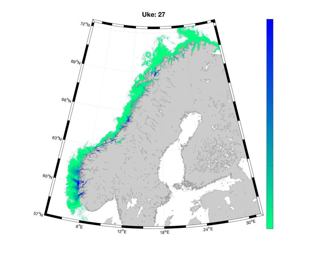 5 - Oppsummering av lakselusinfestasjon på vill laksefisk 2019 Figur 59. Modellert tetthet av lakseluskopepoditter langs Norskekysten i uke 21, 24 og 27 i 2019.